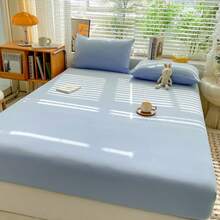 1pc Simple Solid Color Fitted Sheet, Skin-Friendly Cloud-Like Soft & Comfortable Breathable Fitted Sheet, High Elasticity 360° Full Wrap, Fresh Brushed Fitted Sheet, Fitted For Mattress Cover, Mattress Protector, Dust Cover, Suitable For Bedroom, Single Bed, Double Bed, Guest Room, Hotel, Dormitory, Ideal Gift For Parents, Family And Friends On Holidays And Gatherings - Sky Blue - View 9