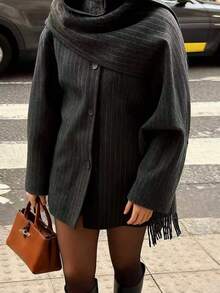 1 件女士优雅休闲百搭条纹西装外套配围巾套装，独特设计长袖羊毛大衣和别致女士常规款大衣流苏围巾落肩袖圆领无弹力面料细条纹图案 - 深灰色 - 查看 4