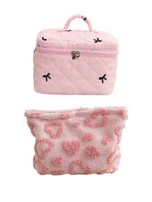 This Cute Large-Capacity Cosmetic Bag Features An Embroidered Bow, Serving As Both A Portable Travel Organizer And A Toiletry Bag, Perfect For Storing Makeup, Skincare Products, Toiletries, And Makeup Brushes. It Is An Ideal Choice For Autumn, Winter, And The Christmas Season.,Pouch,Makeup Pouch,Travel Essential - Multicolor - View 18