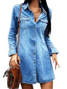 Women's Button Down Denim Dress - Long Sleeve Ruffle Cuff Dress With Chest Pocket, Casual Elegant Style - Medium Wash - View 5