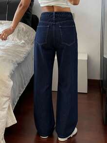 Livesso 女士直筒休闲保暖牛仔裤，冬季款 - 中等水洗藍 - 查看 5