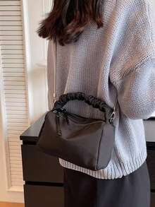 Túi đựng bowling PU vân vải họa tiết cổ điển, túi xách/túi đeo vai thời trang dành cho nữ, phù hợp để đi làm, mùa thu/đông - màu đen - Xem 2