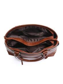 1pc Women's Solid Color Retro Handbag, Large Capacity Tote Bag With Multiple Zipper Pockets, Waterproof PU Dual Top Handle Portable Outdoor Casual Business Versatile Shoulder Bag, Stitched Anti-Theft Crossbody Bag - Brown - View 7