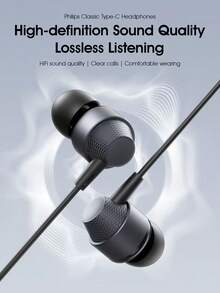 PHILIPS Wired Earphones Type-C Interface In Ear Earphones Computer Earphones Suitable for USB-C Devices, Headset For Pc, Usb C Earphones, Lightweight Headphones, Inear Design, Tanglefree Cable, Inline Controls, Noisecanceling Earphones, Students - 黑色 - 查看 2