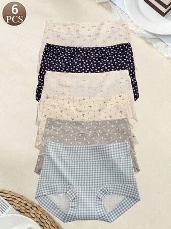 6 piezas de bragas de mujer con un diseño floral y de corazón, ropa interior deportiva casual y cómoda de cintura media para mujer