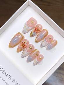 Móng tay giả hình quả hạnh nhân làm thủ công; Thiết kế chạm khắc hoa nhiệt đới 3D ba chiều cá nhân hóa mùa thu và mùa đông; Nhấn vào móng tay - Nhiều màu - Xem 3