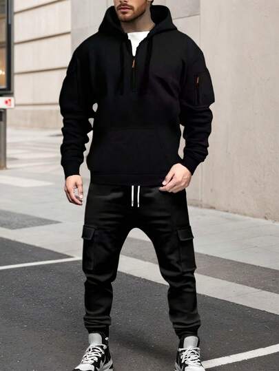 Men's Casual Zip-Up Hoodie And Cargo Pants Set, Autumn/Winter Outdoor Fashion Outfit,Fleece