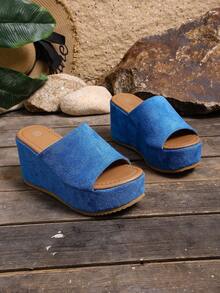 2025新款女士凉鞋，性感豹纹蝴蝶结厚底坡跟时尚凉鞋，女士时尚圆头套脚增高舒适凉鞋，春夏休闲、派对、日常必备，搭配连衣裙更佳 - 藍色 - 查看 9