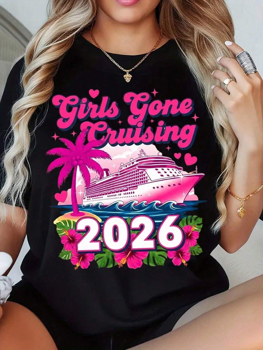 Girls Gone Cruising 2026 Cruise Shirt Women Summer Vacation Travel Tee Pink Ship Palm Tree Design Party Gift For Friends - 黑色 - 查看 1