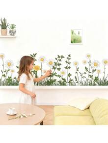 BRUP 1 张可爱雏菊墙贴，白色花瓣，向日葵，绿叶和花卉图案，可移除，即撕即贴，适用于儿童房和婴儿房装饰，充满奇思妙想的春季主题艺术 - 彩色 - 查看 9