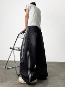 1件 Justice Brother 复古茧型男士牛仔裤，喇叭拼接宽松休闲阔腿裤 - 黑色 - 查看 6