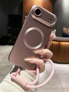 防震磁吸时尚磨砂腕带手机壳，兼容 17 Pro Max、17 Pro、17 Air、17、16、15、14 Plus、13、12、11 Pro Max，玻璃镜片，支持无线充电，生日礼物 - 粉紅色+繩 - 查看 4