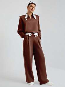 Women's Casual Business Sweetheart Neck Long Sleeve Top And Loose Straight Leg Pocket Pants 2 Pieces Set, Autumn/Winter - Coffee Brown - View 3