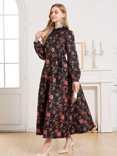 Vestido de fiesta con cuello alto de encaje jacquard vintage y parches, para otoño/invierno, Día de San Valentín