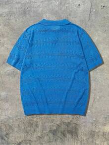 ANDREILEE Men's Casual Loose Hollow Breathable Vacation Style Polo Collar Pullover Short Sleeve Knit Top, Spring & Summer - Blue - View 3