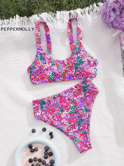 PEPPERMOLLY New Ditsy Floral Soft Cup Adjustable Strap Dainty Bikini, Women Summer Beach Fashionable Swimwear Set