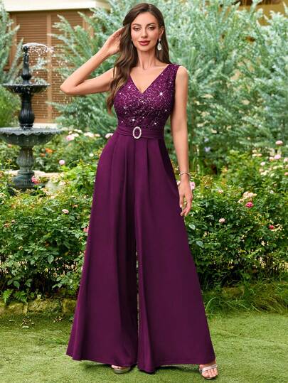 MIUSOL Mono de pierna ancha con volantes, escote en V, sin mangas, con encaje y lentejuelas florales. Conjunto elegante para mujer adecuado para invitados de boda, ceremonias de graduación, cenas formales y otras ocasiones