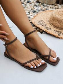 2026 New Summer Square Toe Elegant Sandals, Coffee Color Slimming Thin Strap Circle Toe Strap Plus Size Criss-Cross Open Toe Comfortable Fashion Ankle Strap Flat Sandals, Breathable Suitable For Summer Outdoor, Can Be Used As Holiday/Casual Sandals. For Wide Or Plus Size Feet, Please Order One Size Up. - Coffee Brown - View 6