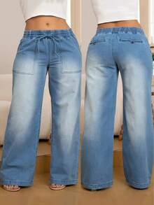 Plus Size Women's Elastic Waist Drawstring Straight Leg Jeans Casual Spring - Light Wash - View 2