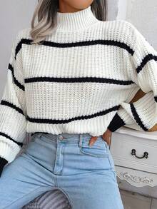 Casual Striped Lantern Sleeve Half High Neck Knitted Sweater Mujer Nuevo jersey de punto con cuello medio alto, estilo europeo y americano, para mujer, prenda exterior, a rayas, colores contrastados, moderno, cálido, cómodo, holgado, cuello alto. - Blanco - Ver 3