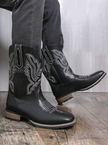 情侣款西部牛仔靴，男女通用 | 黑色刺绣中筒靴 | 复古防滑鞋底 | 时尚男女靴 - 日常穿着/街头穿搭/牛仔竞技