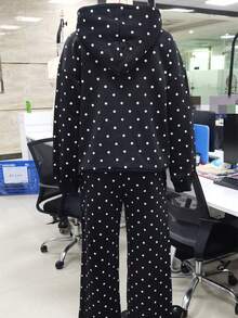 Polka Dot Sweat Set For Women Two Piece Bow Print Tracksuit Long Sleeve Hoodie Wide Leg Sweatpants 2 Piece Outfits - Black - View 6