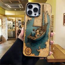Cubierta de telefono con diseño vintage para iPhone 14 Pro Max color beige con barco antiguo y mapa del tesoro en tonos azules y marrones ideal para amantes de la navegación y aventuras marinas - Negro - Ver 4