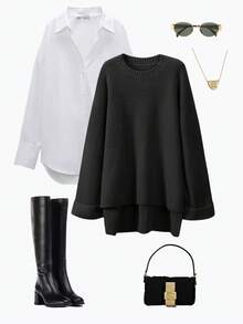 Women's Solid Color Knit Pullover Sweater With Slit, Oversized Fit, Fashionable & Elegant, Loose Design Suitable For Home & Vacation, Minimalist & Chic Black - Black - View 3