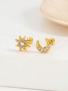 一对独特的蝴蝶耳夹耳环，不对称星月设计，镶嵌精致锆石，优雅女士耳环 - 彩色 - 查看 5