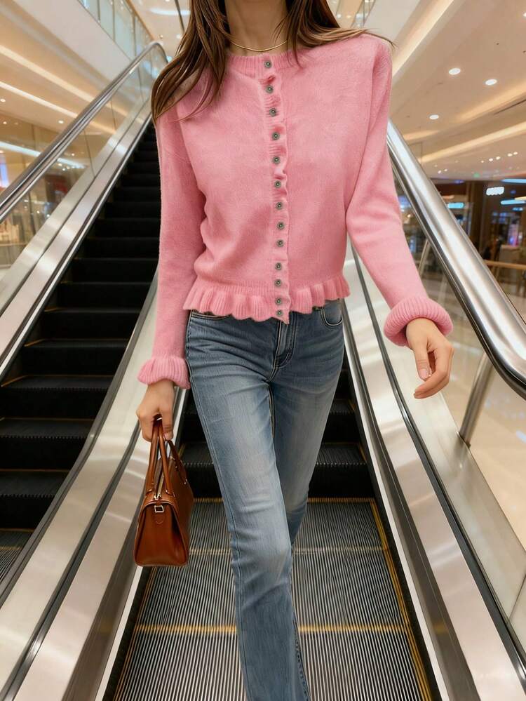 2025 New Elegant Women Round Neck Ruffle Layered Pleated Knit Sweater, Versatile Casual, Autumn/Winter, Solid Gray - Pink - View 9