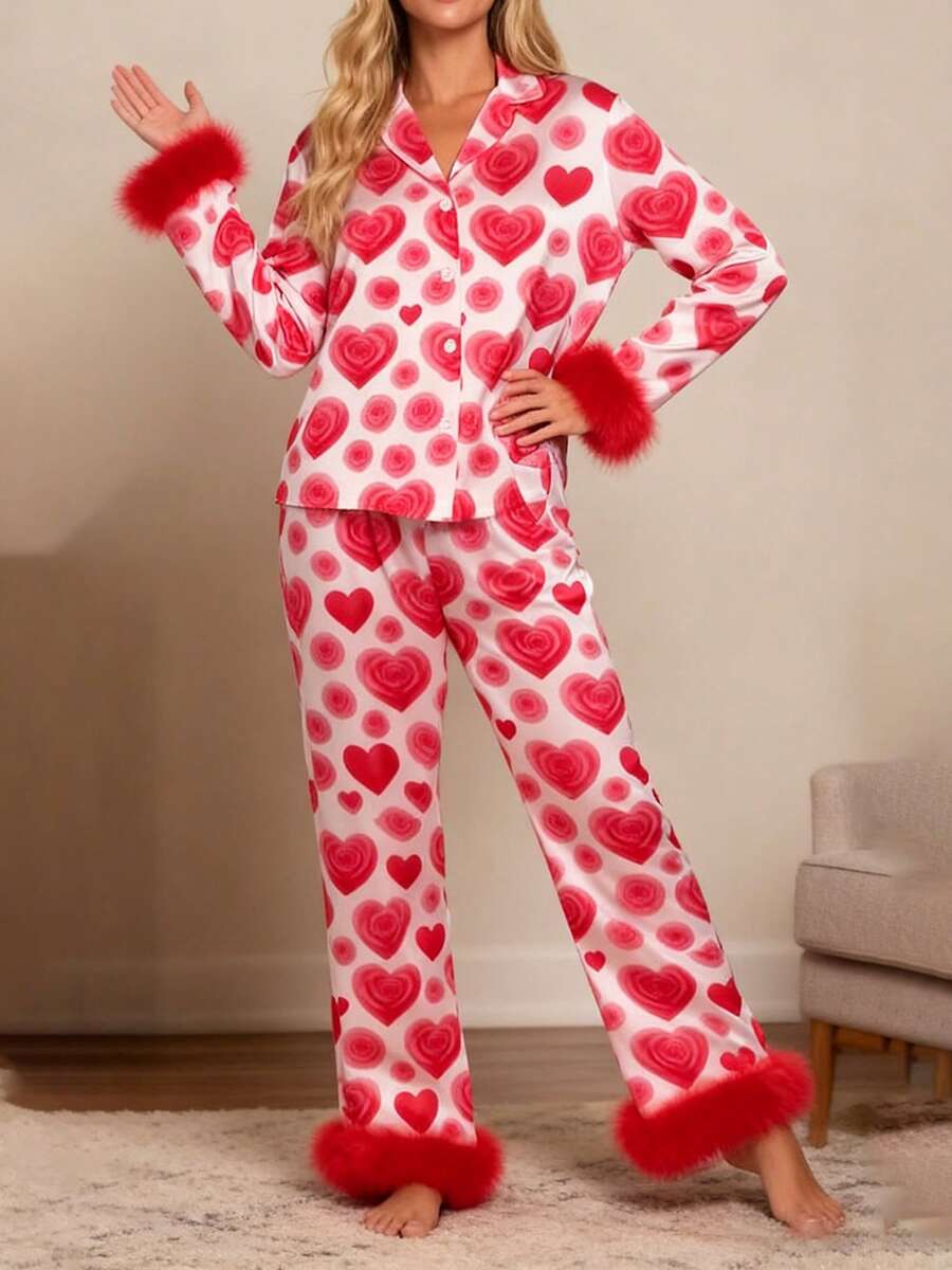 Women Valentines Pajama Set Rose Heart Print Feathered Cuffs Long Sleeve Lapel Tops With Pants 2 Piece Sleepwear - 紅色 - 查看 1