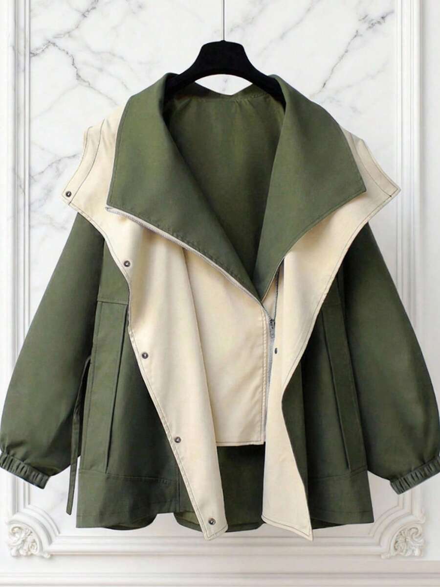 Stylish Women's Woven Fabric Long Sleeve Coat With Collar, Zipper And Pockets, Regular Length Design, Autumn/Winter - Green - View 1
