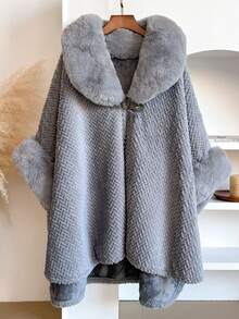 一件简约高端纯色格子仿貂毛领披肩斗篷，女士时尚百搭加厚保暖开衫外套，优雅柔软的绒毛斗篷，适合日常穿着，秋冬季可搭配连衣裙 - 彩色 - 查看 15
