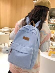 Mochila minimalista de gran capacidad para mujer de unicolor, mochila funcional de pana con parche de letra, de gran capacidad, ligera y portátil, perfecta para adolescentes, mujeres, estudi - Azul - Ver 10