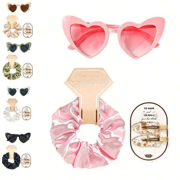3pcs/Set Wedding Bridesmaid Proposal Gift Accessories, Includes 1pc Satin Scrunchie, 1pc Heart Shaped Glasses, 1 Pair Pearl Earrings, 1 Pair Gold Foil Hair Clips, Perfect Matching Hair Accessories Set For Wedding Party, Available In Pink, Sage Green, Champagne, Black, White