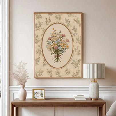 1pc Framed/Unframed Vintage Wildflower Bouquet Folk Art Canvas Poster Cozy Retro Hooked Rug Style Botanical Floral Wall Art Print Minimalist Cottagecore Decor Nursery Painting For Apartment,Living Room,Bedroom,Modern Home Decoration