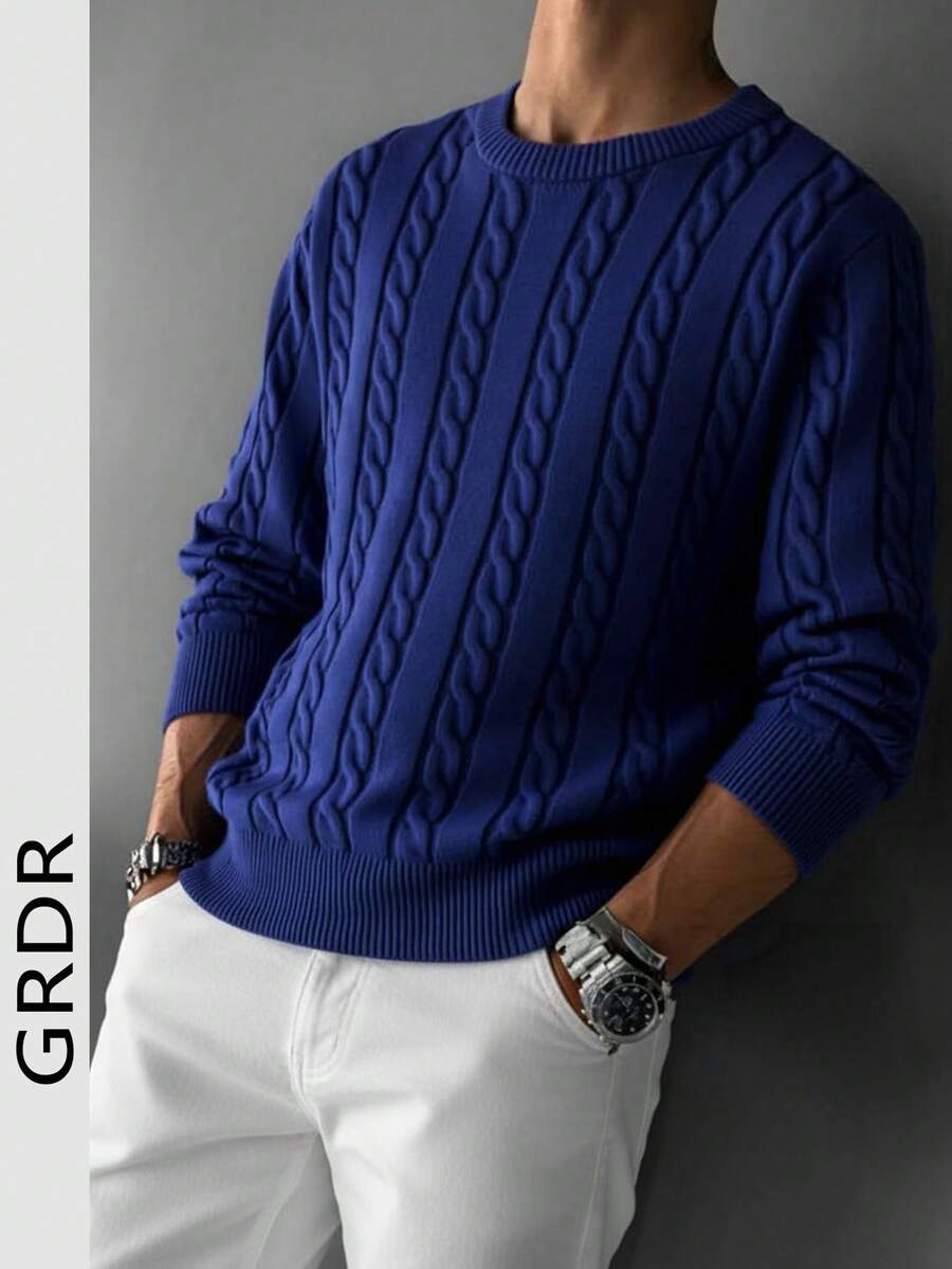 GRDR Men's Casual Twist Floral Pattern Crew Neck Long Sleeve Knit Sweater - Navy Blue - View 1