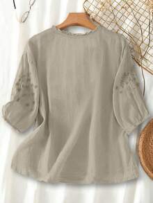 女士春夏刺绣宽松复古休闲中袖衬衫 - 查看 3