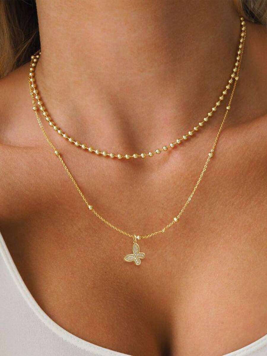 Nooxian 2pcs/Set Women Elegant Minimalist Gold Sparkling Butterfly Copper Zirconia Pendant Layered Pearl Chain Necklace Set (Random Pearl Quantity) - Yellow Gold - View 1