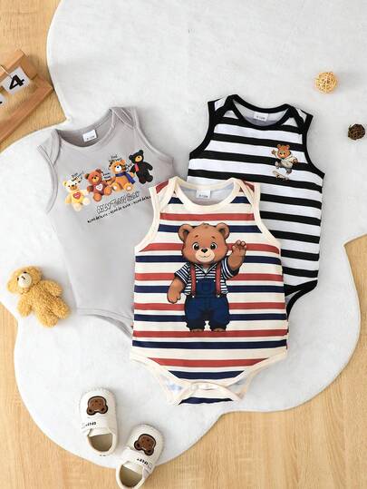 3pcs Newborn Baby Summer Outfit Set: Sleeveless Striped Cute Bear Print Casual Bodysuit For Baby Boys