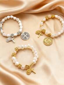 1pc Elegant Christian Virgin Mary Jesus Cross Baroque Faux Pearl Beaded Bracelet, Women Pearl Bracelet, Suitable For Daily Wear And Party, Jewelry For Women - Multicolor - View 6