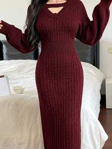 Livesso Women's Solid Color Sweater Dress, Autumn Red Women Dresses - Burgundy - View 2