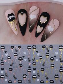 2 miếng dán móng tay hình trái tim, môi và quả anh đào độc đáo, họa tiết trái tim viền đồng kim loại, thích hợp cho móng acrylic, phụ kiện trang trí móng 3D tự dính. - Nhiều màu - Xem 9