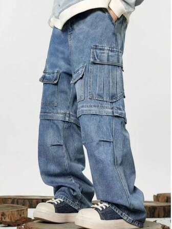 Teenage Streetwear Multi-Pocket Cargo Pants, Spring/Autumn New Loose Retro Blue Straight Leg Jeans For Big Teen Boy Boys
