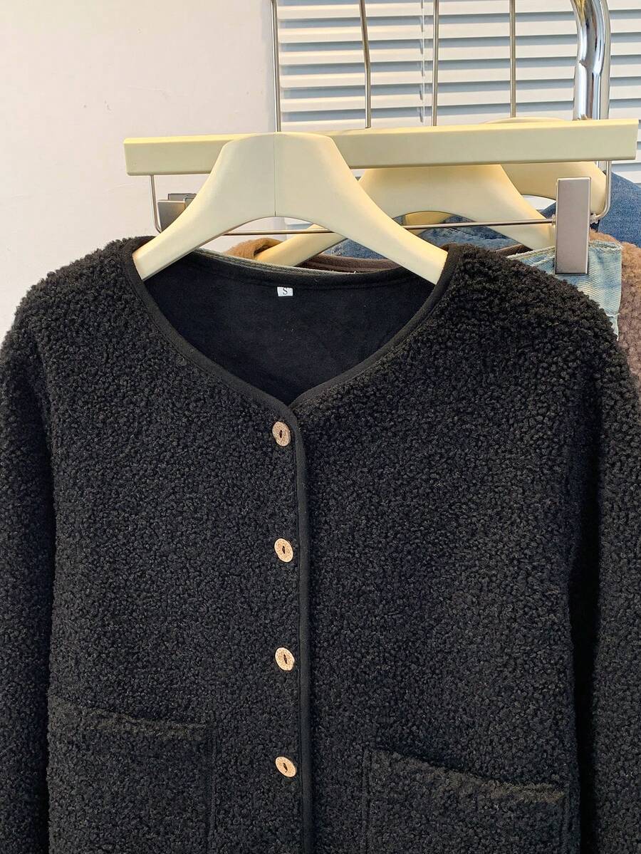 YUXIN Women's Autumn/Winter Lamb Fleece Jacket, Round Neck Single-Breasted Faux Fur Coat, Dual Pockets, Multi-Color Casual Daily Commute Outerwear