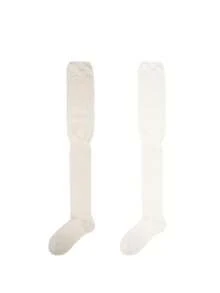 2 đôi tất dài đến đùi dành cho nữ, kiểu xếp lớp, tất trắng cao đến đầu gối, tất màu trơn, thích hợp để phối cùng bốt. - Nhiều màu - Xem 7