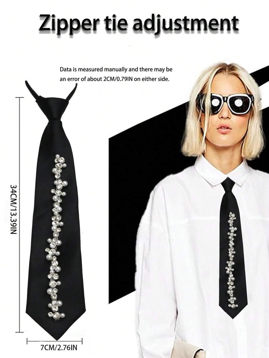 1pc Rhinestone Zipper Necktie, Suitable For Party, Casual, Daily, And Streetwear