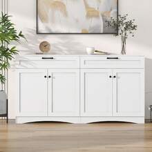 Meuble de Rangement 160x40x85 cm - Buffet de Salon avec 2 Tiroirs - Table d'Appoint au Design Courbé et Poignée Noire - 2 Grands Compartiments Fermés - 7 Espaces de Rangement au Total - Blanc - Voir 3