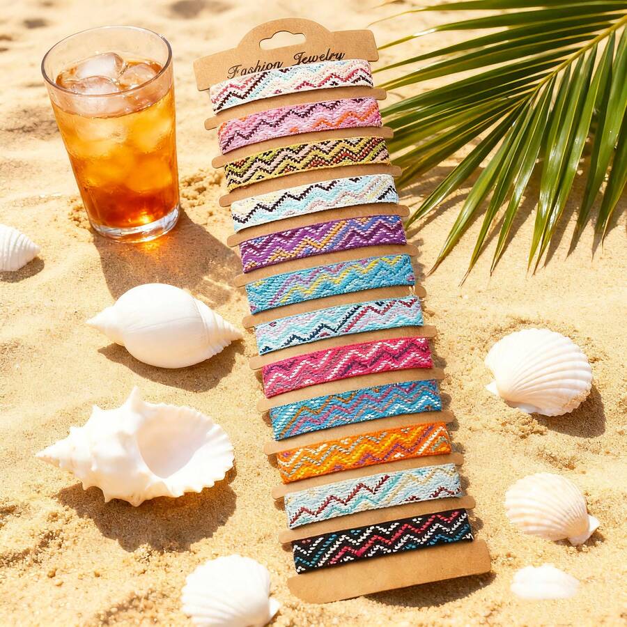 12 قطعة/الحزمة سوار صداقة للنساء بوهيمي مصنوع يدويًا قابل للتعديل مع تميمة، إكسسوارات مجوهرات للفتيات