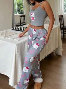 Sanrio 2pcs Hello Kitty Print Women's Camisole Crop Top + Elastic Waist Straight Pants Cute Pajama Set